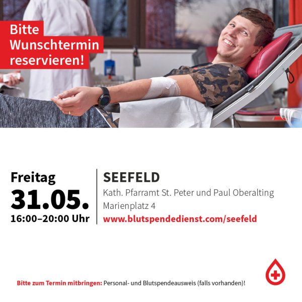 Blutspendetermin am 31.05.2024 im Pfarrheim in Seefeld von 16 bis 20 Uhr