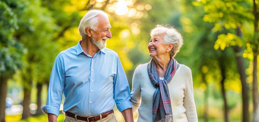 älteres Ehepaar fröhlich lachend, sich anschauend, Hintergrund grüne Bäume, Allee