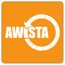 Logo AWISTA: weißer Schriftzug, Kreis mit Pfeil auf orangenem Hintergrund