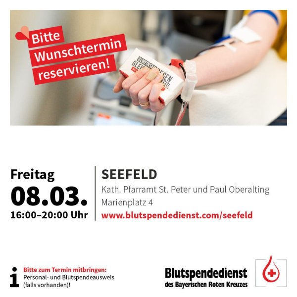 Blutspendetermin am 08.03.2024 im Pfarrheim in Seefeld von 16 bis 20 Uhr