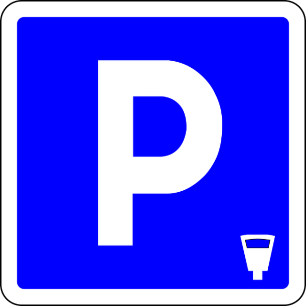 Illustration Parken, weißer Buchstabe P auf blauem Hintergrund mit Parkuhr rechts klein angebildet